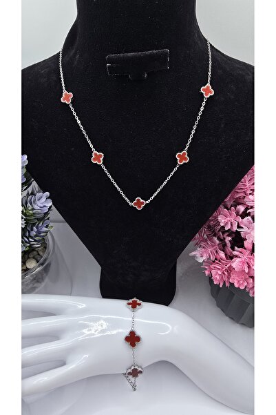 ahsenaksesuar2025 Bordo Yonca Van Cleef Çelik Set -Büyük Bileklik Küçük Kolye...