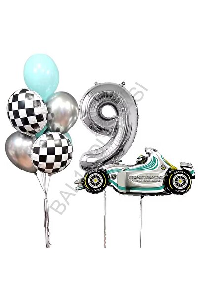RÖNESANS PARTİ Silver Number Race Car Birthday Party Set Age-9
