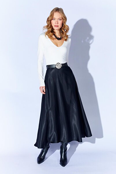 TENA Women's Black 3499 Belted Satin Long Skirt