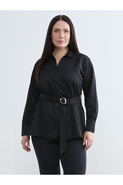 LC Waikiki Bluză neagră din satin, mărime mare guler de cămașă Beli curea li