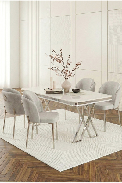 DEREN HOME Rigella Gümüş 80x130 Beyaz Sabit Mdf Masa Metal Ayaklı 4 Adet Sand...