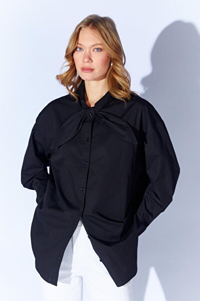 TENA Women's Black Self-Tie Ribbon Detailed Poplin Shirt