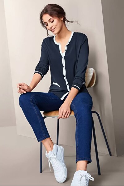 Tchibo Women Round Neck Plain Fine Cardigan, Navy