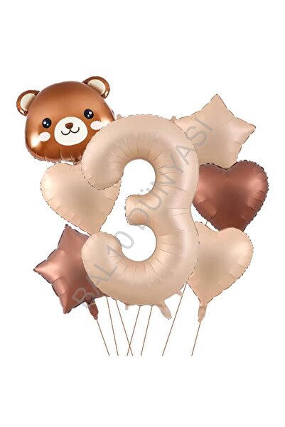RÖNESANS PARTİ Bear Head Number Heart Star Foil Balloon Set Age-3
