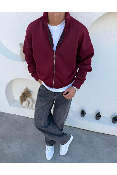 thefreemen Tam Fermuar Crop Hırka Bordo