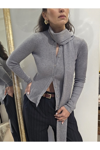 Butik Kadın, Fitilli, Esnek, Kendinden Atkılı, Bisiklet Yaka, Düğmeli, Gri Hı...