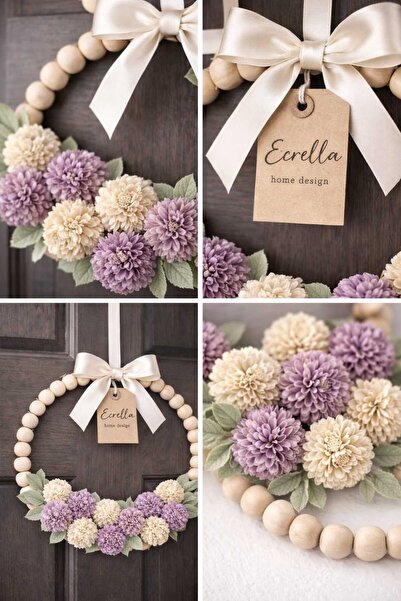 ecrella Ahşap Boncuklu Kapı Süsü – Krem Saten Kurdeleli, Kasımpatı Çiçekli, E...