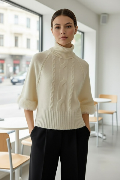 azragül giyim Kadın Balıkçı Yaka Kol Peluş Detaylı Triko Bluz