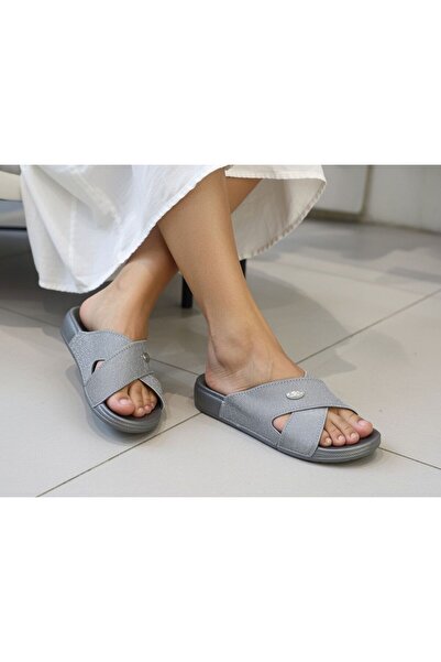 Budaks Women's Silver Glitter Cross-Strapped Orthopedic Light Sole Slippers