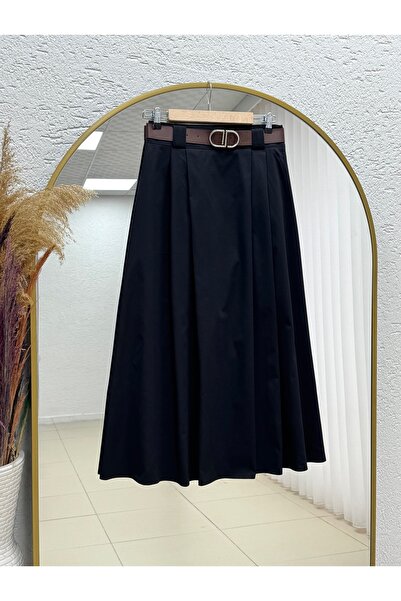 BENAHOLL Navy Belt Buckle Skirt with Stitching Detail-Aa4440 Black