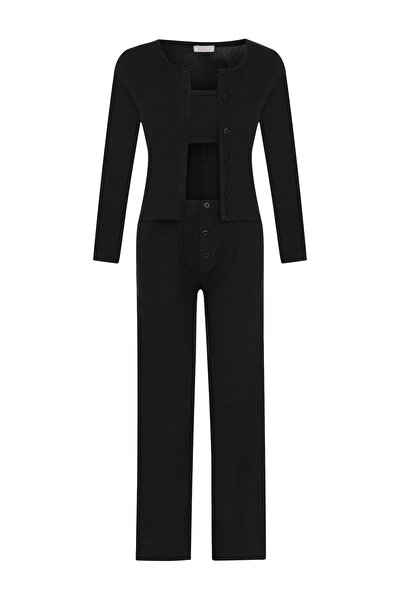 AQUELLA Betsy Textured Black 3-Piece Pajama Set