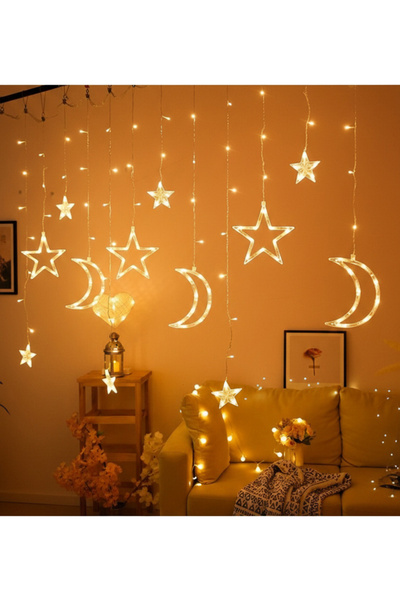 ihvan online Dekoratif Ay Yıldız Perde LED Işık – 8 Fonksiyonlu Gün Işığı Ram...