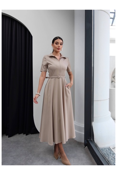 ESRAHELVACI Half-Zip Shirt Collar Belted Flared Dress