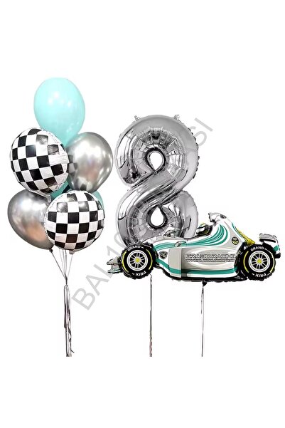 BEST PARTİ Silver Number Race Car Birthday Party Set Age-8