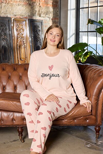 pijamacity KADIN BİSİKLET YAKA RAPORLU İNTERLOK BATTAL BEDEN PİJAMA TAKIMI