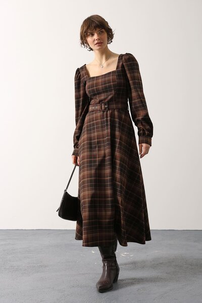 bayansepeti Yeni Sezon Kare Yaka Kemer Detaylı Ekose Kadın Elbise 35551