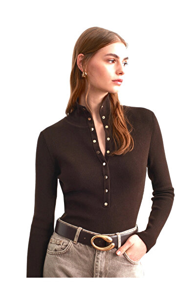 Lusin Women's Bitter Brown High Collar Snap Fastener Long Sleeve Knitwear Swe...