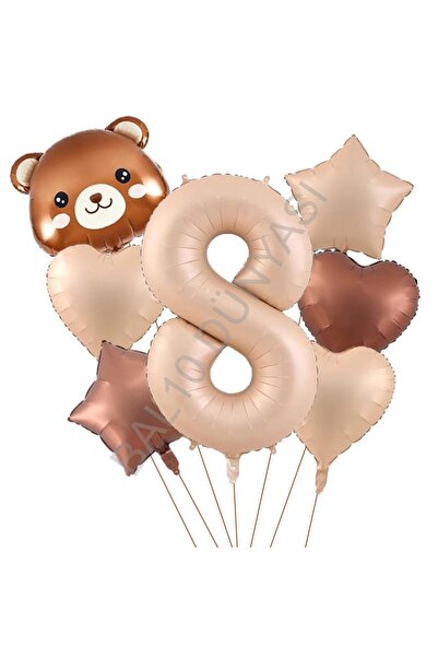 BAL10 DÜNYASI Bear Head Number Heart Star Foil Balloon Set Age-8