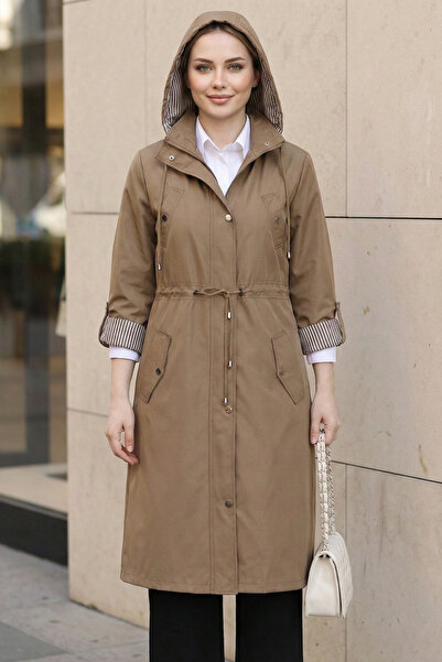 Kirazgym Women's Striped Lined Trench Coat - Tan