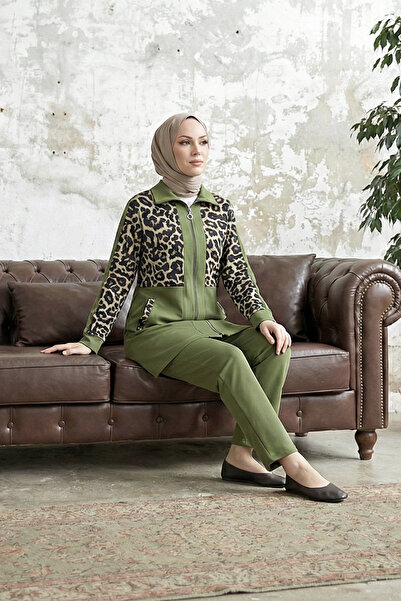 MODAQU Zippered Leopard Pattern Detailed Double Suit - Khaki