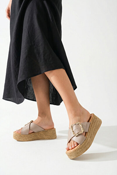 GRADA Mink Genuine Leather Straw Sole Women's Slippers with Cross Straps and ...