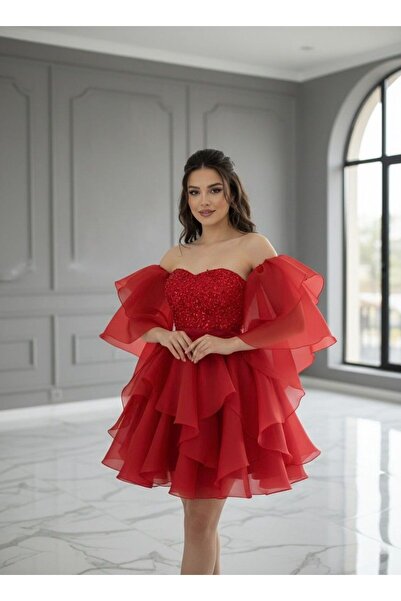 Tangül&Ali'S Moda Evi Kalp Yaka İşlemeli Kırmızı Tül Volan Kollu Prenses Mini...