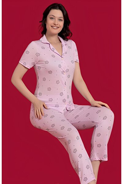 DoDe Flora Women's Floral Patterned Short Sleeve Buttoned Front Pajama Set - ...