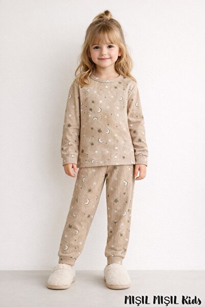 mışıl mışıl kids Girl's Beige Colored Moon and Star Cotton Pajama Set - Large Size