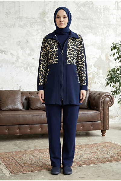 MODAQU Zippered Leopard Pattern Detailed Double Suit - Navy Blue