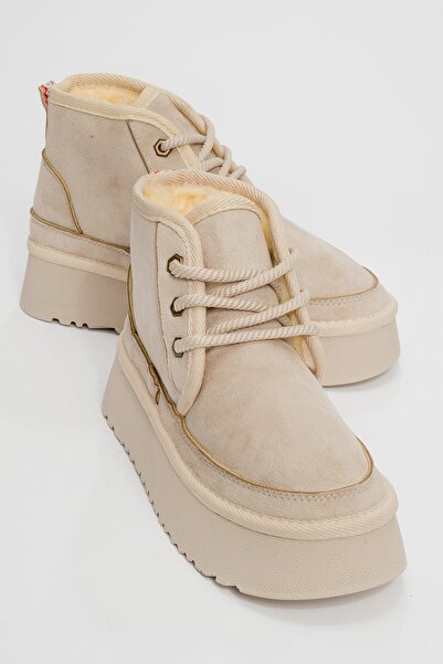 LuviShoes Stea Beige Thick Sole Lace-Up Women's Sports Boots