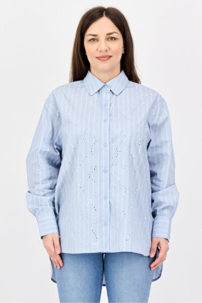 Bebe Women Spread Collar Long Sleeve Embellished Shirt, Light Blue