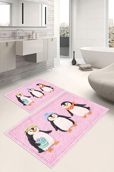 Pelura Halı Penguin Patterned Digital Printed Washable 2-Piece Bath Mat (50X6...