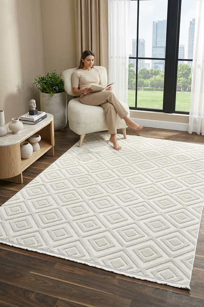 CASERA HOME Gloria Bej Baklava Desen Makine Halısı Yıkanabilir Kaymaz Taban S...