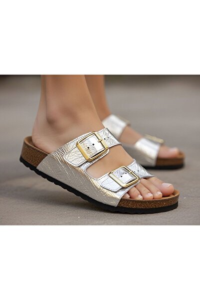 Budaks Women's Gold Double Buckle Cork Sole Slippers Lightweight Comfortable