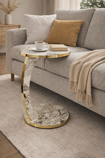 interGO PREO Premium Tekerlekli Yan Sehpa | Gold Dekoratif C Sehpa