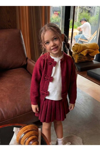 Pinkitokids CHERRY LADY Комплект за момичета с плетена жилетка с панделки и п...