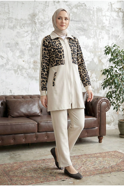 MODAQU Zippered Leopard Pattern Detailed Double Set - Beige