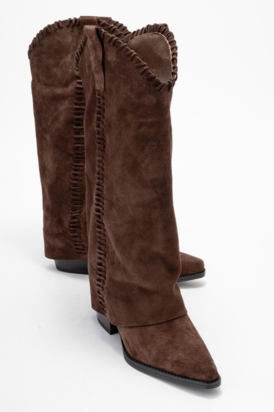 LuviShoes VELIN Γυναικείες μπότες Western από γνήσιο δέρμα καφέ σουέντ με ραφές