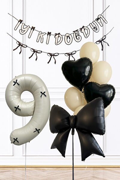 PEKSHOP Siyah Fiyonk 9 Yaş Doğum Günü Balon Seti Yaş Balonlu Set228