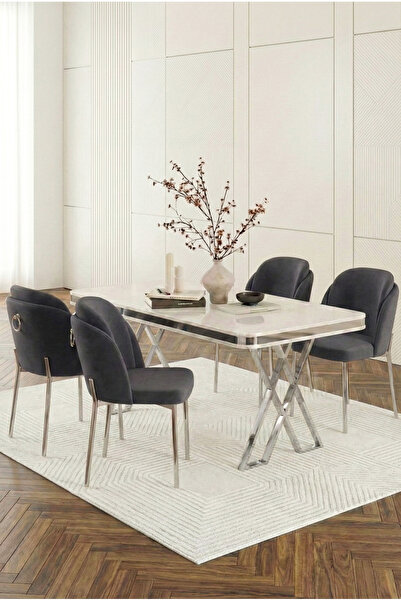 DEREN HOME Rigella Gümüş 80x130 Beyaz Sabit Mdf Masa Metal Ayaklı 4 Adet Sand...