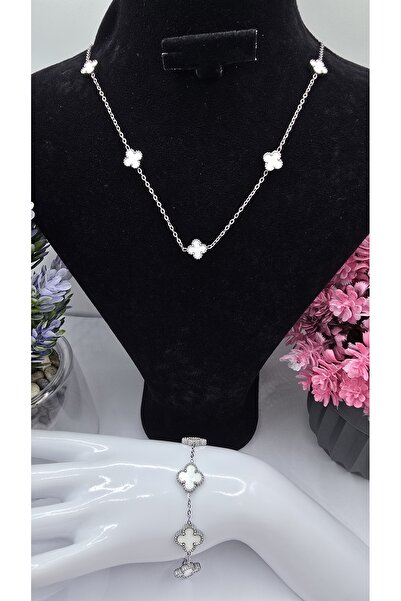 ahsenaksesuar2025 Beyaz Yonca Van Cleef Çelik Set -Büyük Bileklik Küçük Kolye...