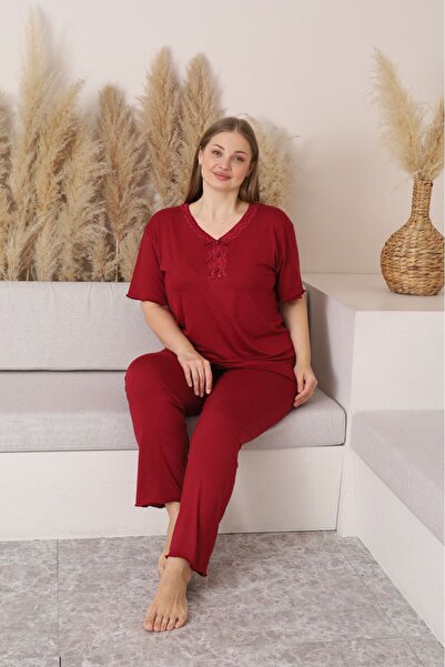 MEBA Women's Plus Size Lace Collar Short Sleeve Bamboo Fabric Pajama Set