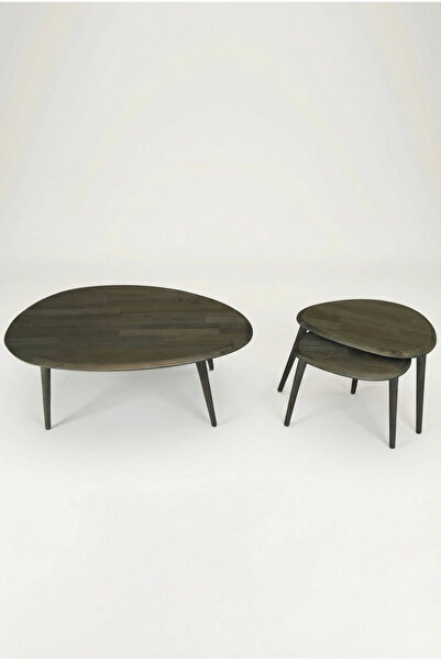 Fawdecor Masif Ahşap Asimetrik Orta Sehpa ve 2’li Zigon Yan Antrasit Sehpa Seti