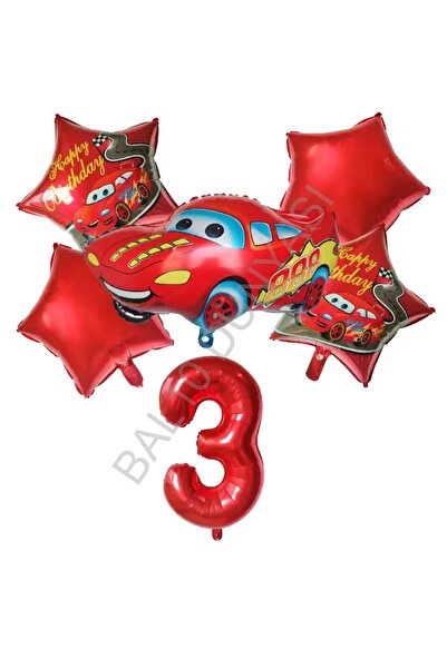 BEST PARTİ Red Number Car Star Foil Balloon Set Age-3