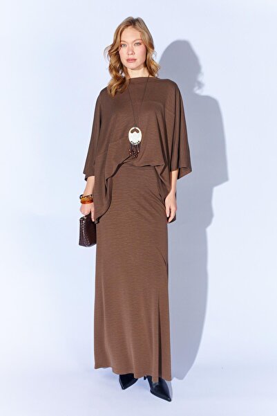 TENA Women's Coffee 172 Low Sleeve Blouse and Long Pique Modal Skirt Set