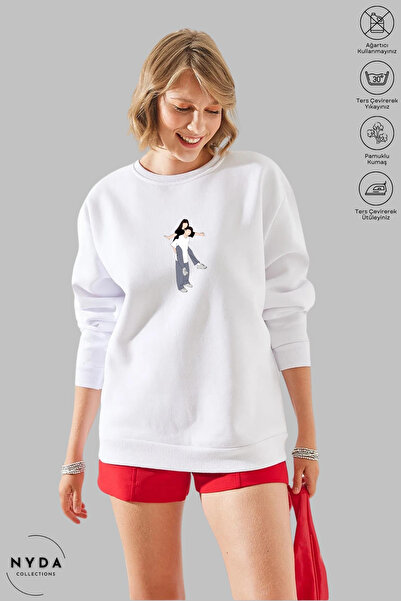 Nyda Collections Unisex Çift Baskılı Bisiklet Yaka Kapüşonsuz Şardonlu Oversi...