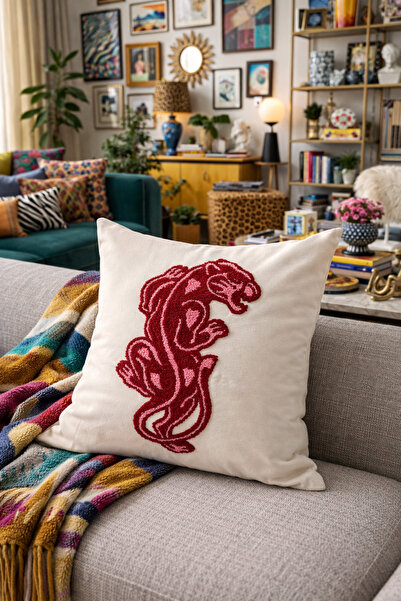 Pilloveland Punch Embroidered Throw Pillow Cover - 43*43 cm - Tiger - Pnk001