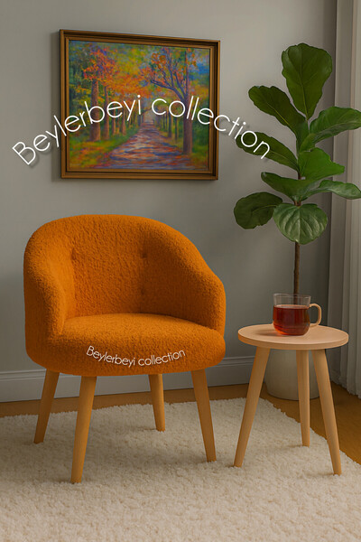 BEYLERBEYİ Gürgen ahşap ayak,sırtlı mini berjer turuncu renkli peluş kumaş, d...