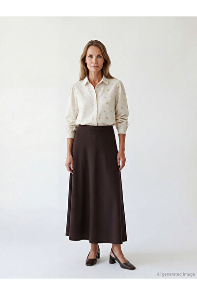 LC Waikiki Brown plus size elastic waist flared skirt