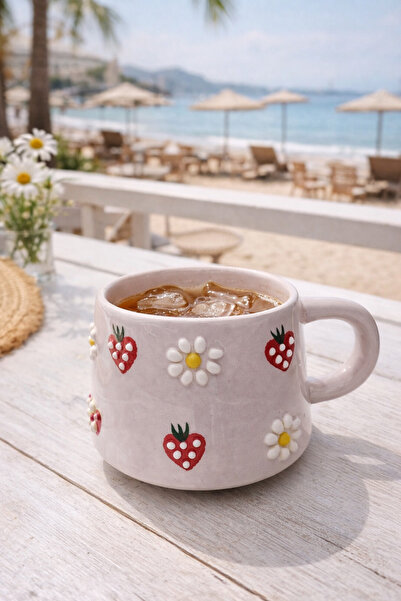 NİVRA GRUP El Yapımı Seramik Kupa Bardak – Papatya Ve Çilek Desenli Kahve & Ç...